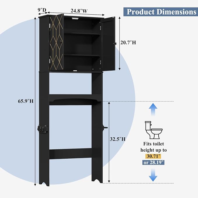 Gold Trim Over The Toilet Storage Cabinet, Double Doors Over Toilet Bathroom Organizer with Adjustable Shelves and Toilet Paper Holder, Modern Over Toilet Storage Cabinet for Bathroom (Black)