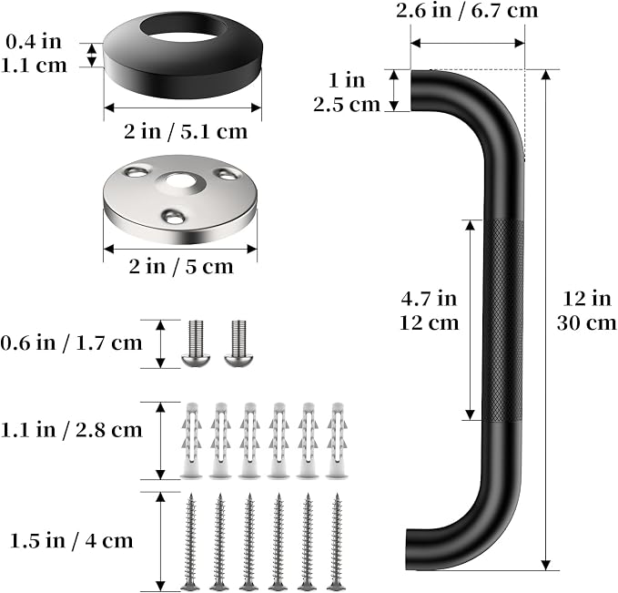 Black Grab Bar 12 Inch, iHansee Anti-Slip Bathroom Grab Bar w/Knurled Grip, Stainless Steel Safety Handrail for Toilet, Bathtub, Shower for Senior Elderly, Wall Mounted Matte Black Handicap Bars