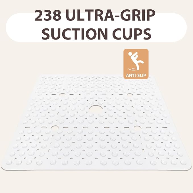 ZOESOE Square Shower Mat Non Slip: 27 x 27 Inches Large Shower Mats for Inside Shower, Soft TPE Shower Floor Mat with Suction Cups and Drain Holes, Machine Washable