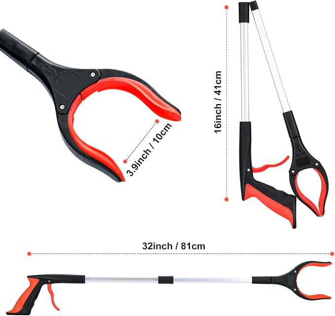 Grabber Reacher Tool,32 Inch Extra Long Foldable Pick Up Stick with Strong Grip Magnetic,360°Rotating Anti-Slip Jaw,Trash Claw Grabber Tool,Trash Picker Tool for Outdoor & Indoor(Red)