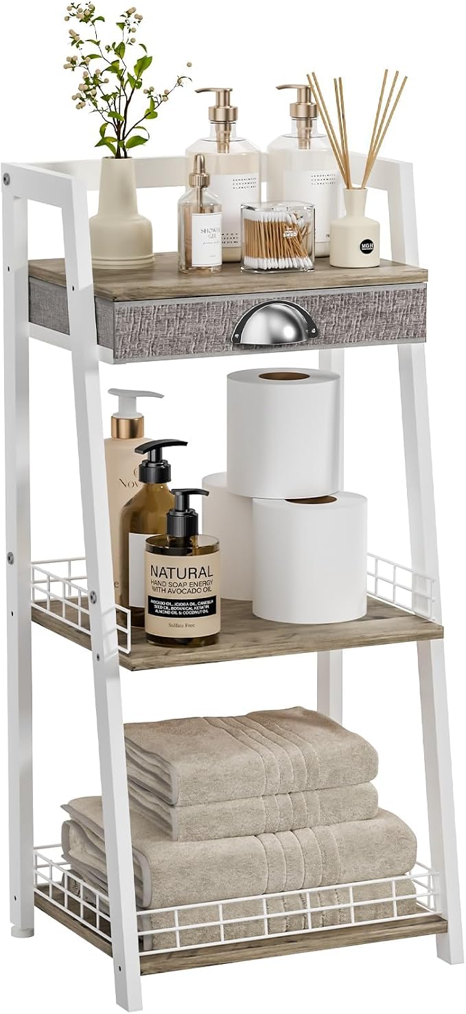 keomaisyto 3-Tier Small Bathroom Shelves with Drawer, Floor Storage Shelf, Small Bathroom Stand Rack, Freestanding Ladder Shelf for Living Room Bedroom, White