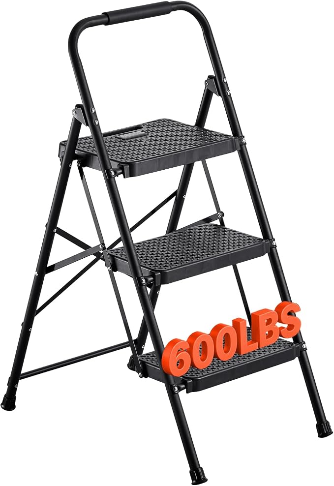 VEVOR 3 Step Ladder, Folding Step Stool with Wide Anti-Slip Pedal and Comfort Handgrip, Lightweight 600 lbs Capacity Portable Steel Ladder, Multi-Use for Kitchen, Home, Household and Office, Black