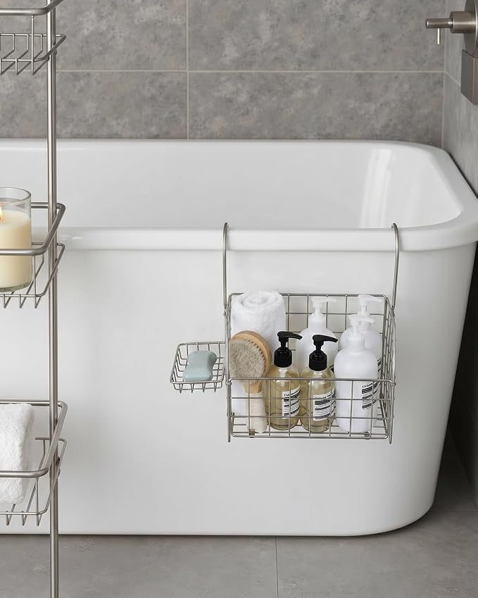 Large Rustproof Shower Caddy Hanging, 304 Stainless Steel Hanging Shower Organizer Basket for Bathroom & Bathtub, Over the Rod Shower Rack for Shampoo, Conditioner, Soap & Bath Accessories(Silver)