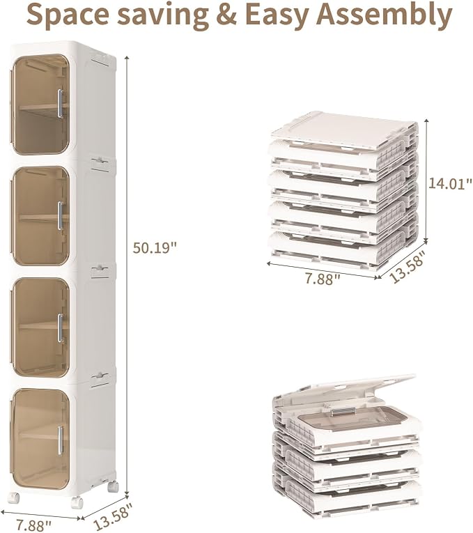 4-Tiers Slim Bathroom Storage Cabinet, Foldable Storage Cabinets,Narrow Bathroom Storage,Movable Bathroom Storage Organizer for Small Spaces,Bathroom,Kitchen,Laundry, Beige