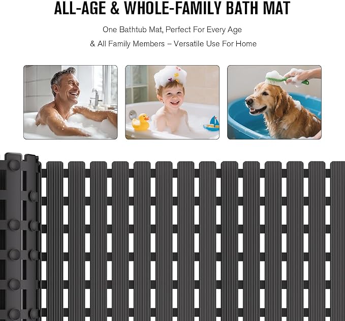 MBOSS Bath Tub Shower Mat Non Slip Bathtub Mats for Bathroom Shower Floor Mat Bath Mats for Shower Tub Anti Slip Shower Mat with Drain Hole and Large Suction Cups (Black, 37.5 X 15.7 Inch)