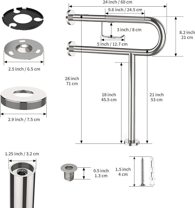 Toilet Grab Bar with Leg 24x28 Inch, ZUEXT Chrome Knurled Toilet Support Bar with Toilet Paper Holder, Stainless Steel Wall & Floor Mounted Bathroom Support Rail for Seniors Elderly Disabled Pregnant