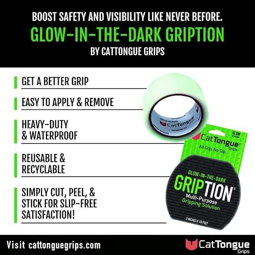 CATTONGUE GRIPS Non-Abrasive Grip Tape Roll - 2” Wide Heavy-Duty, Waterproof Anti-Slip Tape for Bathtubs, Stair Treads, Ramps & More - Indoor & Outdoor Non-Skid Solution (Glow, 10ft)