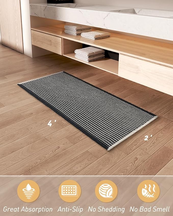 AMOAMI Upgraded Waffle Runner Rug Super Absorbent Non Slip Bath Mats for Bathroom Machine Washable Bathroom Runner Rug with Tassels, Ideal for Hallway Bedroom Laundry Room, 2' x 4', Black & Cream