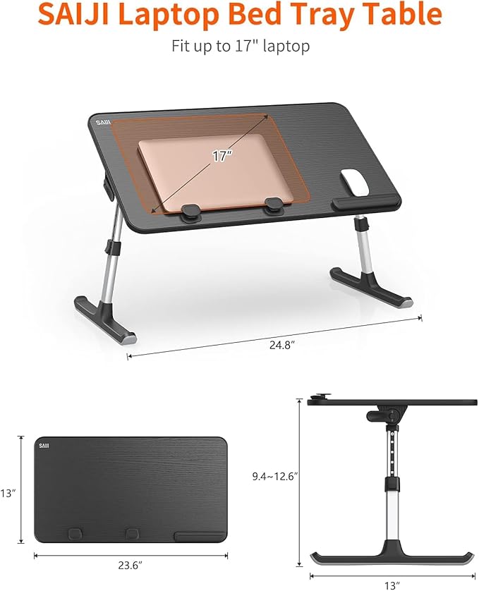 Desk, Table, SAIJI Adjustable Laptop Stand, Breakfast Tray, 5 Heights, 4 Angles, Stable Folding Table for Bed Sofa Desk, Suitable for Laptops up to 17 Inches (60 x 33 cm Black)