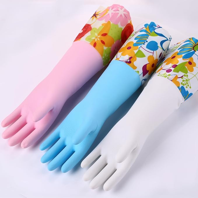 Bamllum 3 Pairs Rubber Cleaning Gloves, Household Kitchen Dishwashing Gloves with Cotton Flocked Liner, Long Cuff 16 Inches, Reusable, Non-Slip (Large, Blue+Pink+White)