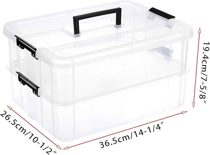 JUXYES 2-Tiers Stack Carry Storage Box With Handle, Transparent Stackable Storage Bin With Handle Lid Latching Storage Container for School & Office Supplies