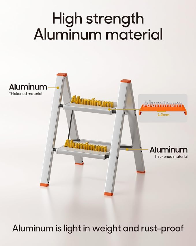 HillhutApex 2 Step Ladder, Lightweight Portable 2 Step Stool with Anti-Slip Wide Pedal, 330lbs Capacity Aluminum Ladder for Household,Office,Library(Orange)