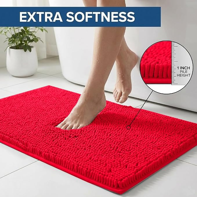 Bathroom Rugs Sets 2 Piece,Super Absorbent Chenille Bath Mats and U-Shaped Toilet Rug,Strong PVC Non Slip Backing,Microfiber Washable Dry Quickly Bath Mats for Bathroom(20"x32"+20"x20"U, Red)