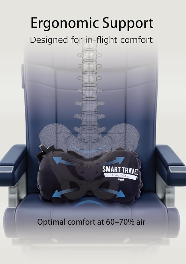 SmartTravel Travel Products Inflatable Travel Lumbar Pillow for Airplane Seat – Adjustable Lower Back Support Cushion for Long Flights