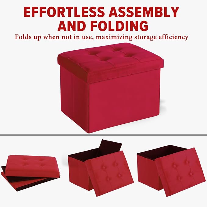 LINMAGCO Storage Ottoman Folding Foot Stool Velvet Foot Rest with Padded Modern Ottoman with Storage for Living Room Puppy Step Stool 17x13x13in(Neon Red)