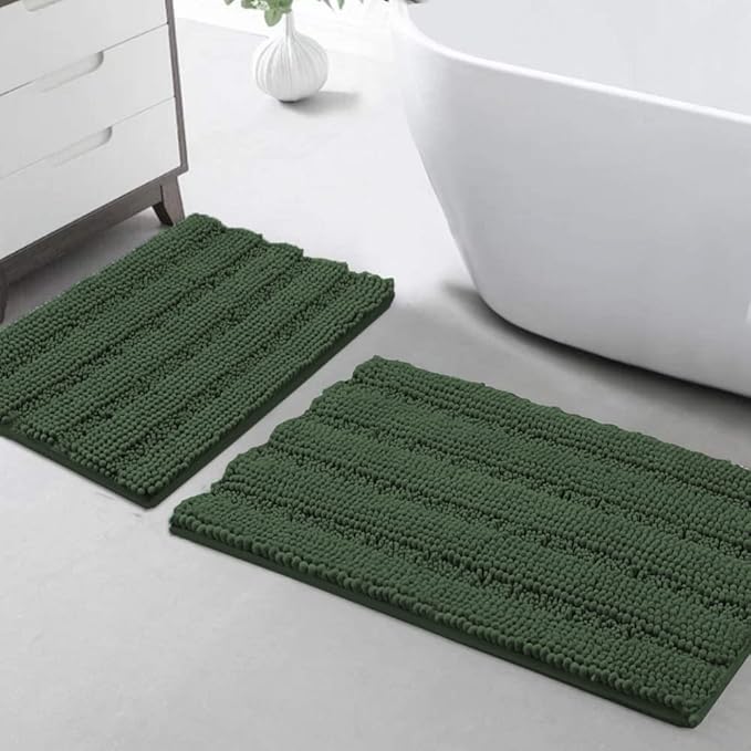 Turquoize Chenille Bath Rugs Shaggy Bathroom Rugs Non Slip Bath Rugs for Bathroom 20 x 32 and 17 x 24 Bronze Green Bath Rug Extra Soft and Absorbent Area Rug, (20" x 32" and 17" x 24"), Bronze Green