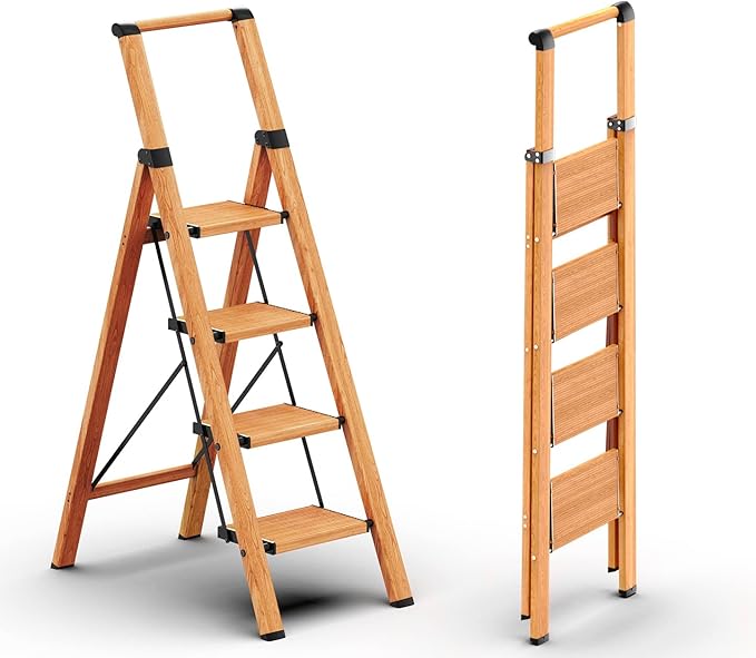 Folding Step Ladder, 4 Step Ladder with Anti-Slip and Wide Pedal, Lightweight Aluminum Step Stool with Handgrip, Space Saving Stepladder for Home and Kitchen, 300 lbs Capacity (Woodgrin
