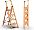 Folding Step Ladder, 4 Step Ladder with Anti-Slip and Wide Pedal, Lightweight Aluminum Step Stool with Handgrip, Space Saving Stepladder for Home and Kitchen, 300 lbs Capacity (Woodgrin