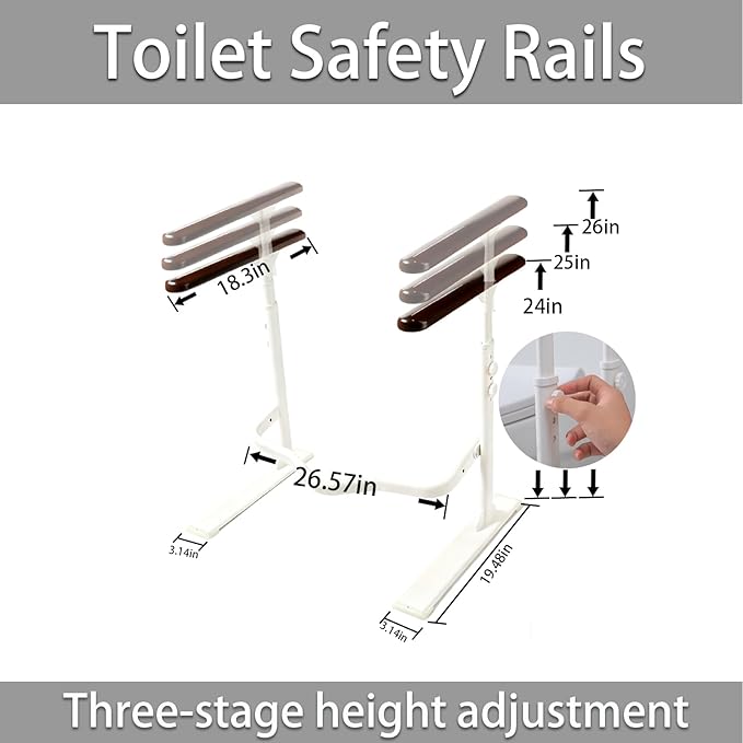 Toilet Safety Rails for Seniors - Toilet Safety Frame with Nighttime Reflective Armrests & Base, 3-Speed Height Adjustment, Toilet Support Frame Fits Most Toilets (Brown)