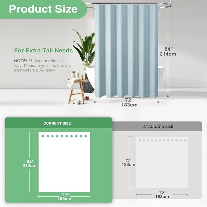 Dynamene Extra Long Shower Curtain - 84 Inch Long Fog Blue Waffle Weave Heavy Duty Fabric Bathroom Shower Curtain, Neutral Weighted Hotel Thick Bath Curtain Set with 12 Plastic Hooks,72x84, Fog Blue