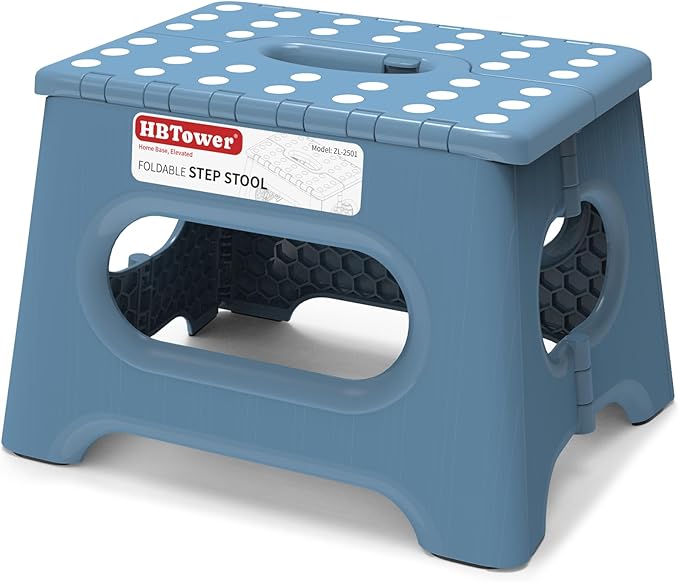 HBTower Folding Step Stool 9 Inch - Holds 600 lb, Non-Slip Surface & Carry Handle - Sturdy Step Stool for Kids, Toddlers & Adults - Compact Foldable Foot Stool for Kitchen, Bathroom, Bedroom(Blue)