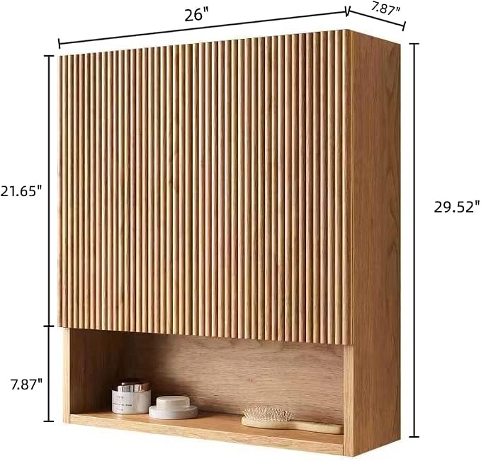 USHOWER Natural Bathroom Wall Cabinet, Thickened MDF Medicine Cabinet with 2 Fluted Doors & Open Shelf, Over the Toilet Storage Cabinet for Laundry Room, Living Room, Kitchen, Wall Mounted