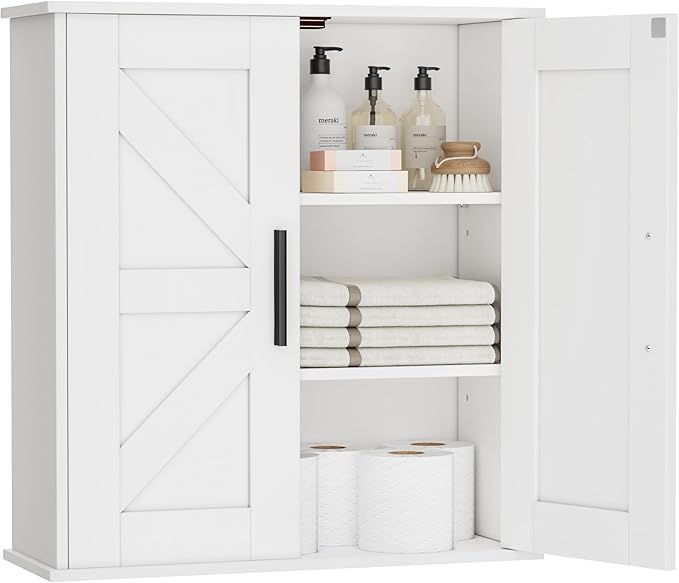 Homleke Bathroom Wall Cabinet, Over Toilet Storage Cabinet with Barn Doors and Adjustable Shelves, 3-Tier Medicine Cabinet Wall Mounted, for Bathroom, Kitchen, Entryway, Laundry Room, White, (7.9" D)
