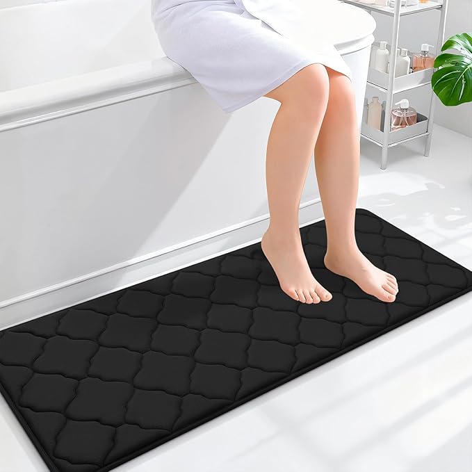 OLANLY Memory Foam Bath Mat Rug 47x17, Ultra Soft and Absorbent Bathroom Rugs, Non-Slip, Comfortable, Machine Washable Bath Carpet for Bathroom Floor, Tub, Shower and Home Decor Accessories, Black