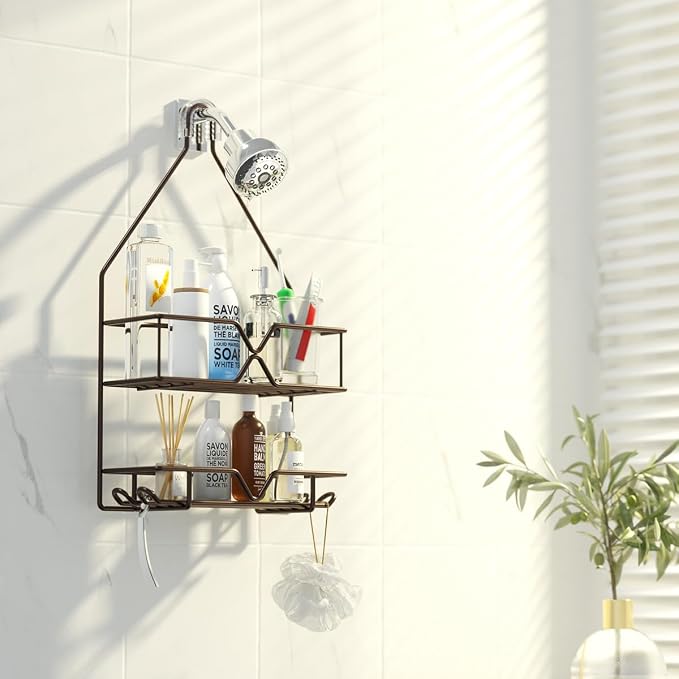 TreeLen Shower Caddy over Shower Head Hanging Bathroom Caddy for Bathroom Organizer 4 Hooks Shampoo Holder-Bronze