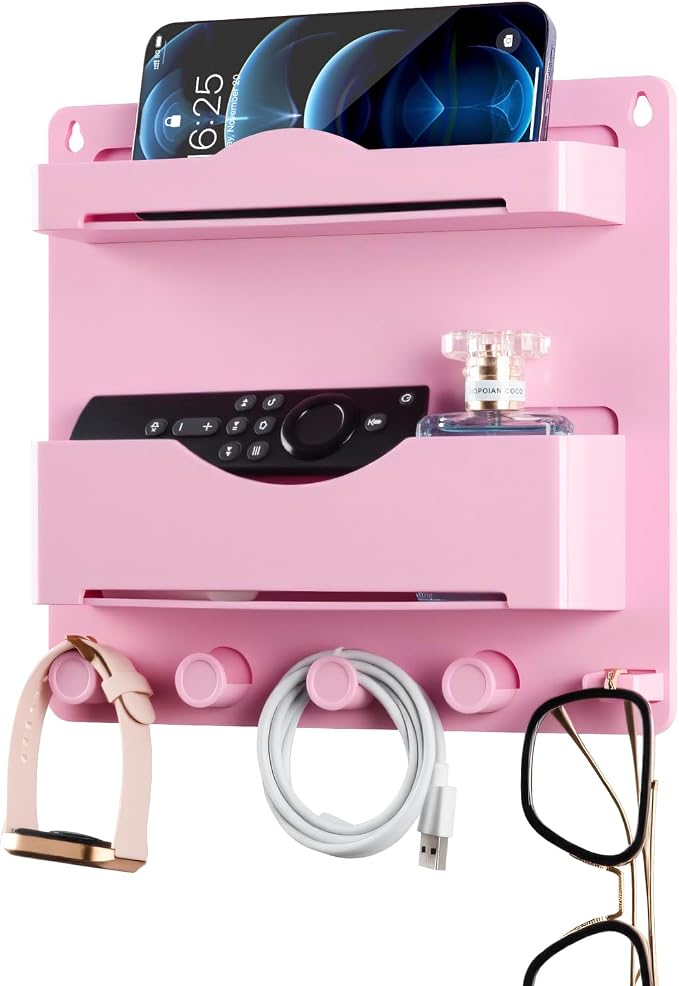 Pink Bedside Shelf Organizer - Wall Mount Phone Holder with Glasses Hook & 50 Motivational Stickers for Girls Bedroom Dorm Decor