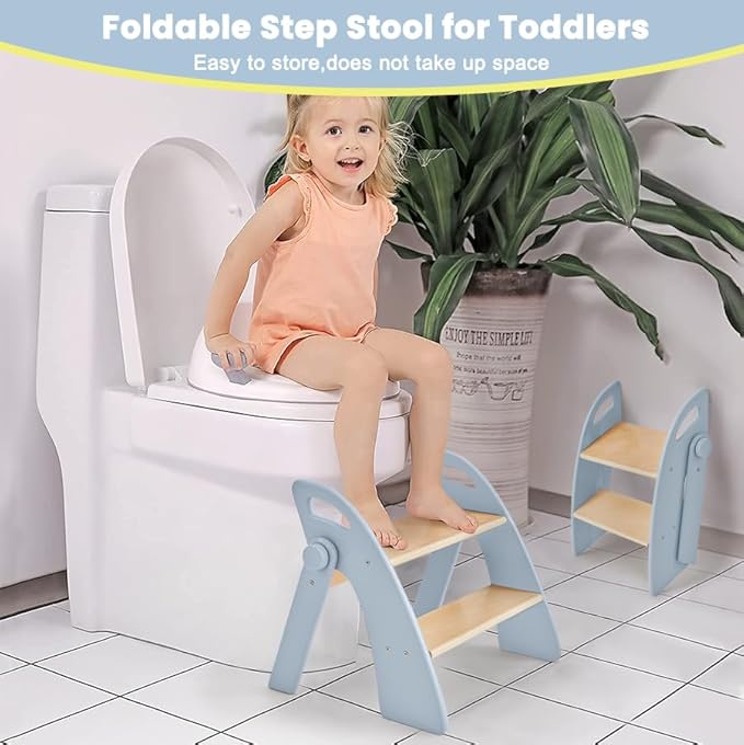 Wooden 2 Step Stool for Toddlers, Foldable 2-Step with Non-Slip Pads and Handles, Bamboo Step Stool for Kids Bathroom Sink and Potty Training, Kitchen Helper, Nursery Bedroom(Blue)