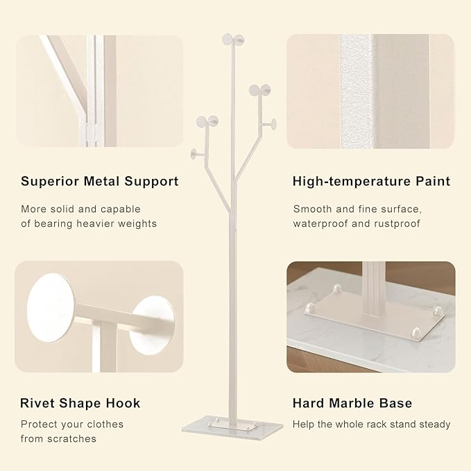 JIAYUEJU Heavy Duty Coat Rack Tree-shaped Metal Freestanding Coat Tree with Sturdy Marble Base Corner Coat Rack for Bedroom Entryway Hallway 14.96 x 10.24 x 68.9 Inches (White)