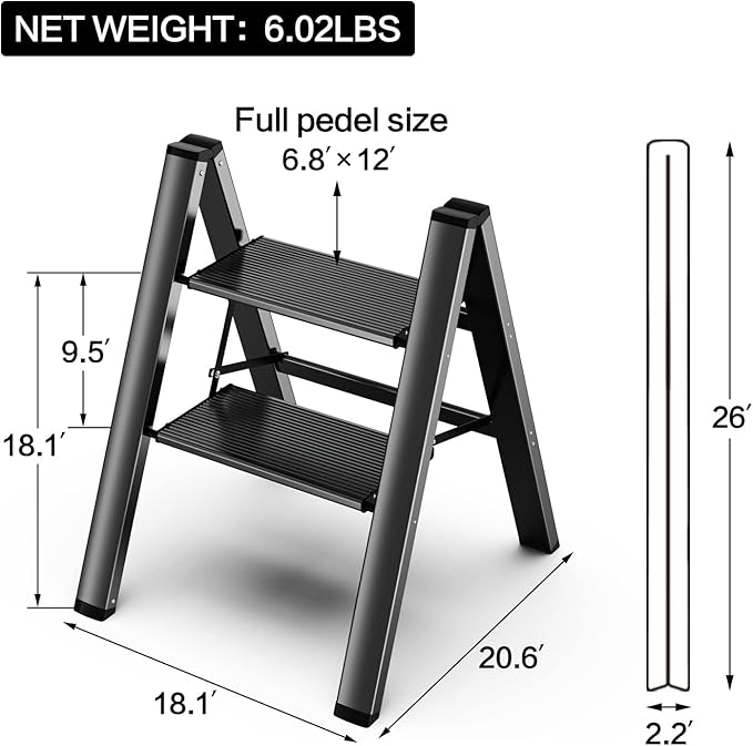 2 Step Ladder, Aluminum Folding 2 Step Stool with Anti-Slip Sturdy and Wide Pedal, Lightweight Portable Stepladder for Home and Kitchen Use Space Saving, Black, 330 lbs