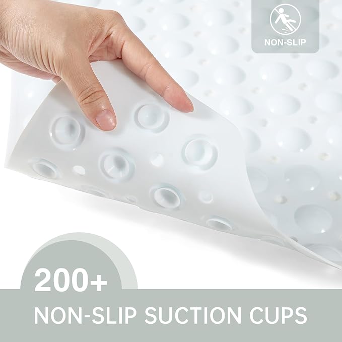 Wirhao Bathtub Mat Non Slip Shower Mat 39×16 Inches Bath Mat for Tub Machine Washable Tub Mat Large for Bathroom with Suction Cups and Drain Holes White