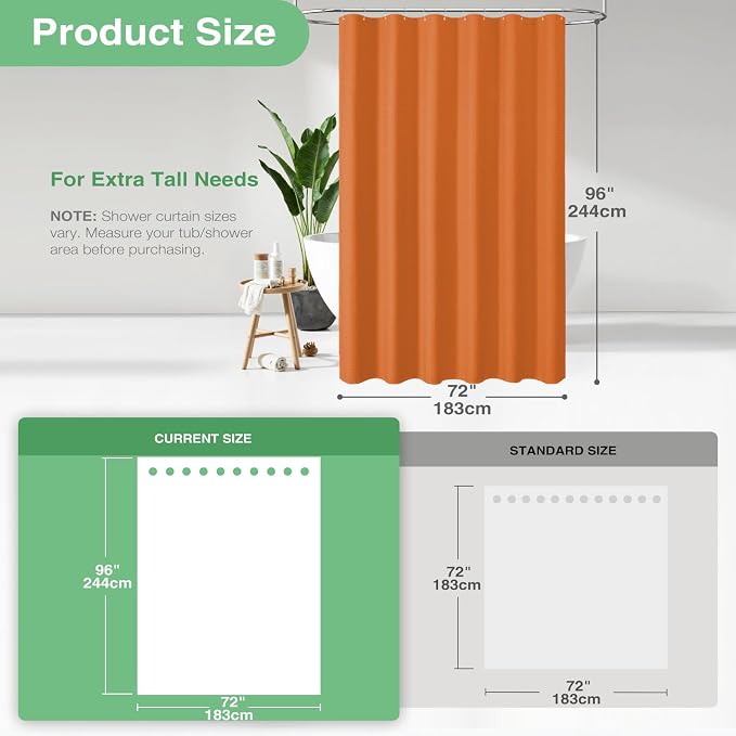 Dynamene Extra Long Shower Curtain - 96 Inch Long Waffle Weave Weighted Thick Cloth Bathroom Shower Curtain, Neutral Heavy Duty Hotel Bath Curtain Set with 12 Plastic Hooks,72x96, Burnt Orange