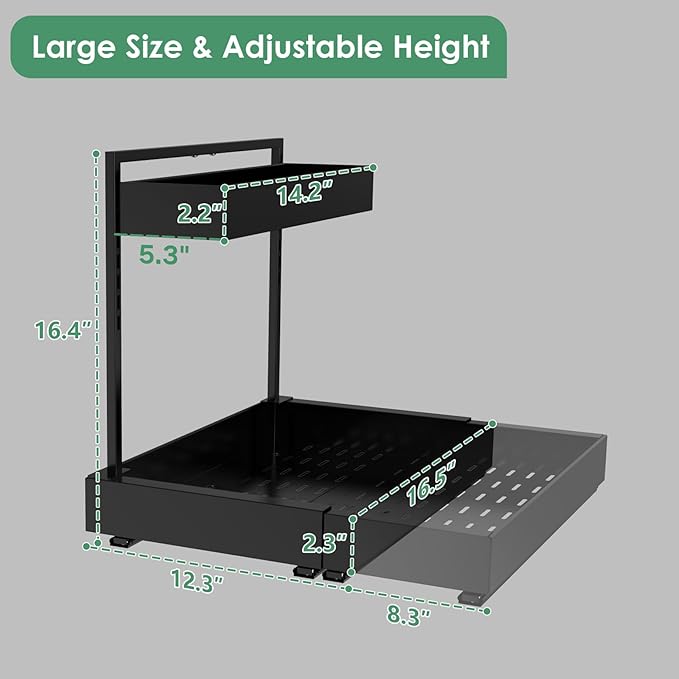 REALINN L-Shaped Under Sink Organizer with 6-Level Height Adjustment & Expandable Width, Pull-Out Cabinet Storage Rack with Quiet Sliding Rails for Kitchen, Bathroom, Black, 2 Pack