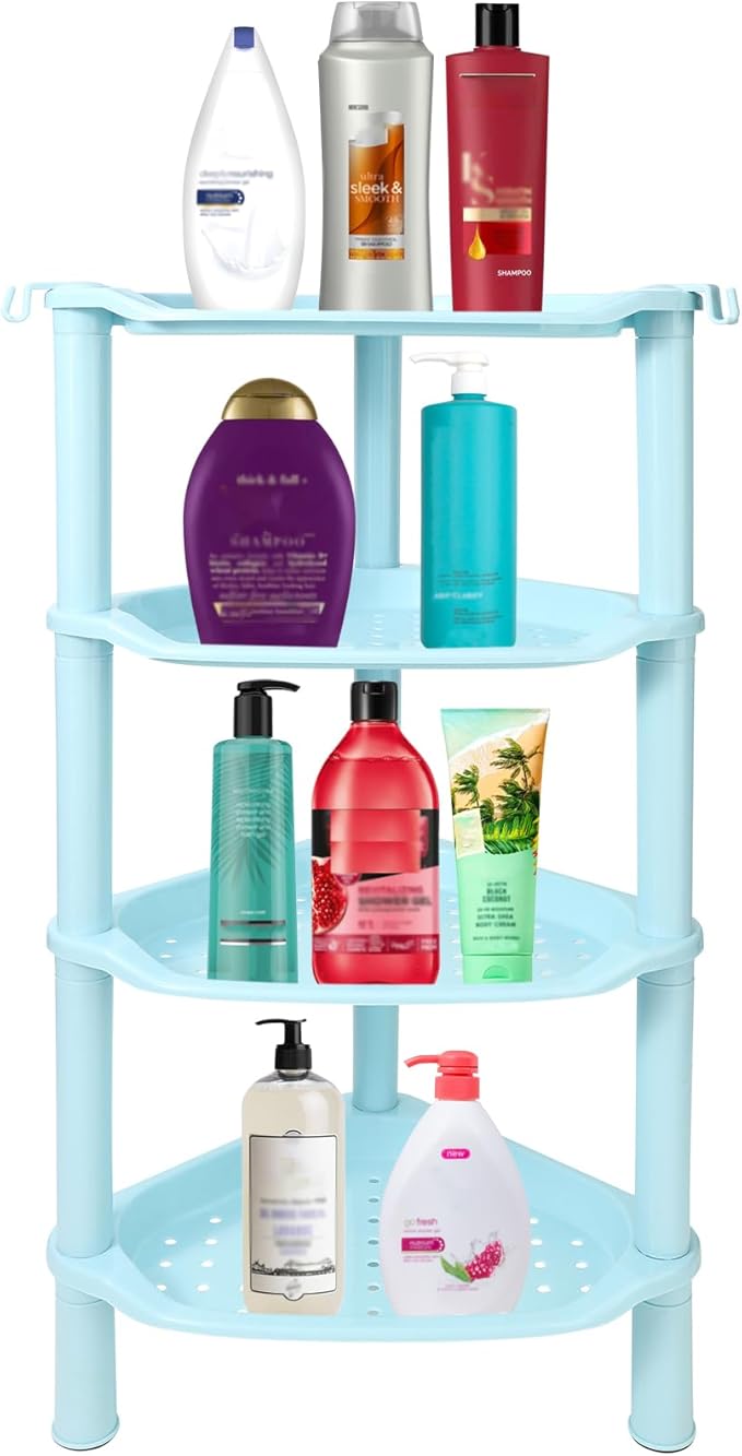 4 Tier Corner Shower Caddy, Rustproof, Plastic Shower Organizer for Bathroom, Bathtub, Shower pan, Bath Accessories Shower Caddies, 13.5 x 10 x 33.5 Inches, Blue (Round Slot Blue 4 Tier)