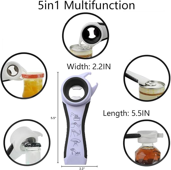 5 in 1 Lids off Jar Opener, Bottle Opener, Ideal For Women, Kids, Seniors - for Multipurpose Kitchen Tool, Easy open. White