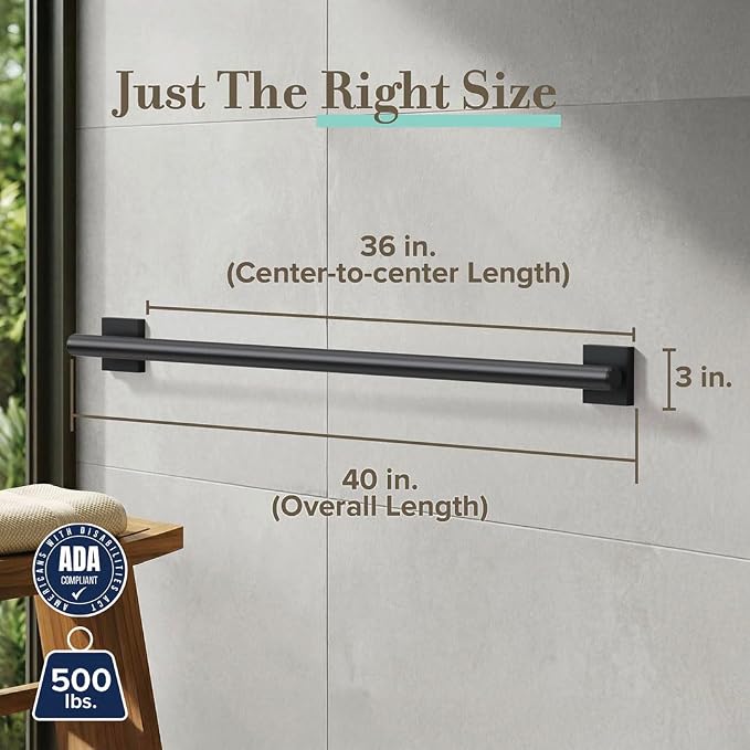Gatco 946MX Elevate 36" L Grab Bar, Matte Black/ADA Compliant Stainless Steel Safety Grab Bar for Bathroom