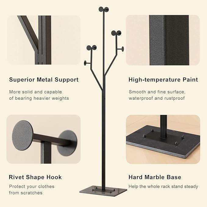 JIAYUEJU Freestanding Coat Rack Tree-shaped Metal Coat Tree with Heavy Duty Marble Base Corner Clothing Rack for Bedroom Entryway Hallway 14.96 x 10.24 x 68.9 Inches (Black)
