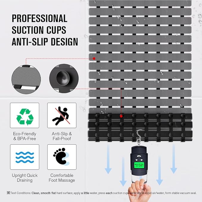 MBOSS Bathtub Mat Non Slip, Shower Mat for Inside Shower, Suction Cups Design and Drain Holes, 27.5 X 15.7 Inch, Bathroom Essentials Safe, Easy to DIY Cut, Soft and Eco-Friendly Materials