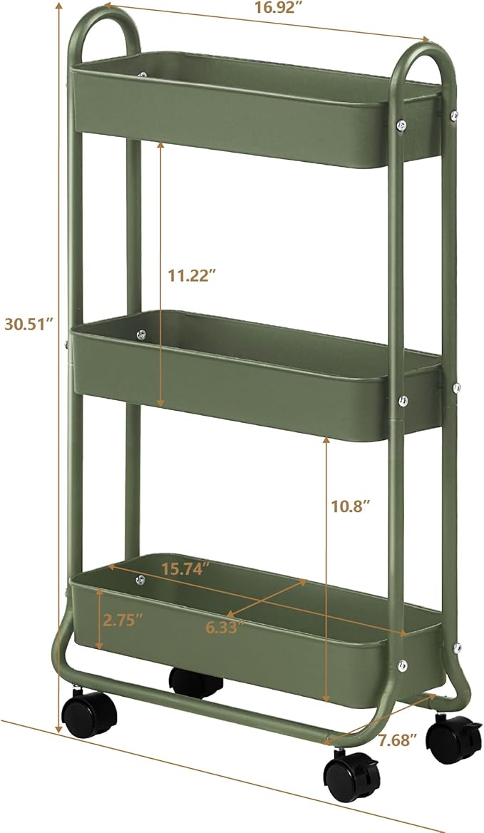 SunnyPoint Slim Rolling Storage Cart, 3 Tier Bathroom Storage Organizer Bathroom, Laundry Utility Cart (Army)