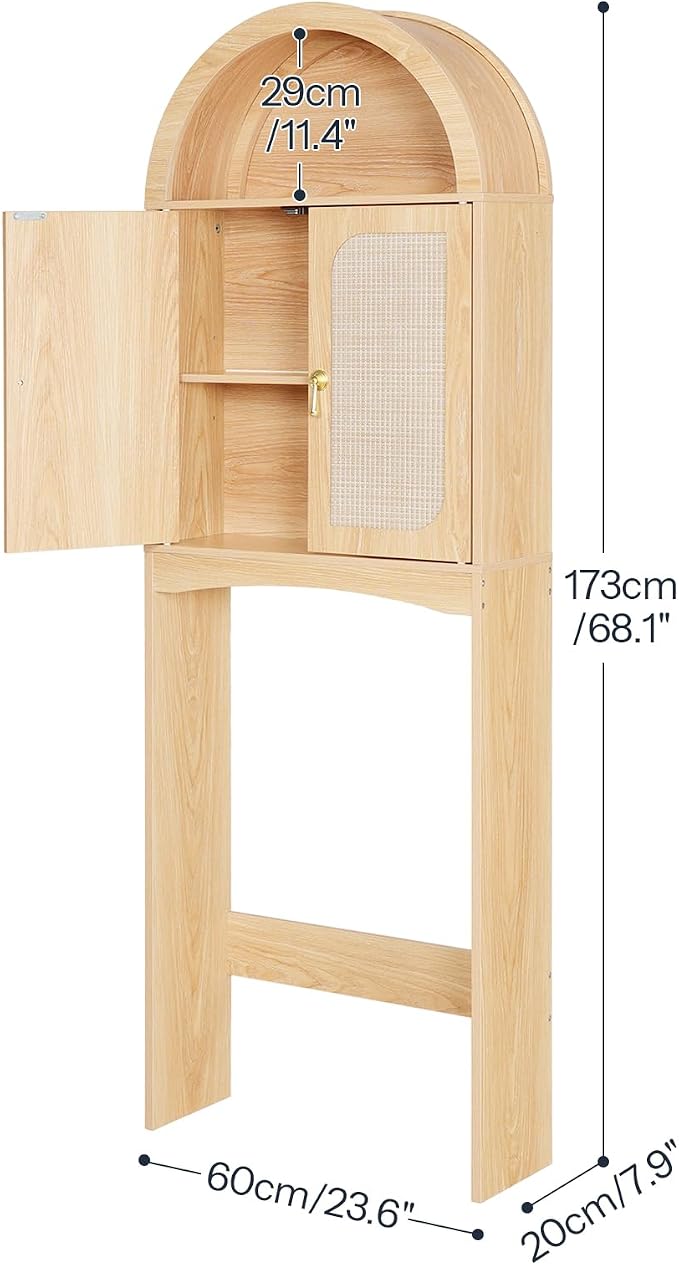 HOOBRO Arched Rattan Over the Toilet Storage Cabinet, 68.1'' Bathroom Organizer with Doors, Bathroom Storage Cabinet with Adjustable Shelf, Wooden Space Saver for Small Bathroom, Natural NL25TS01