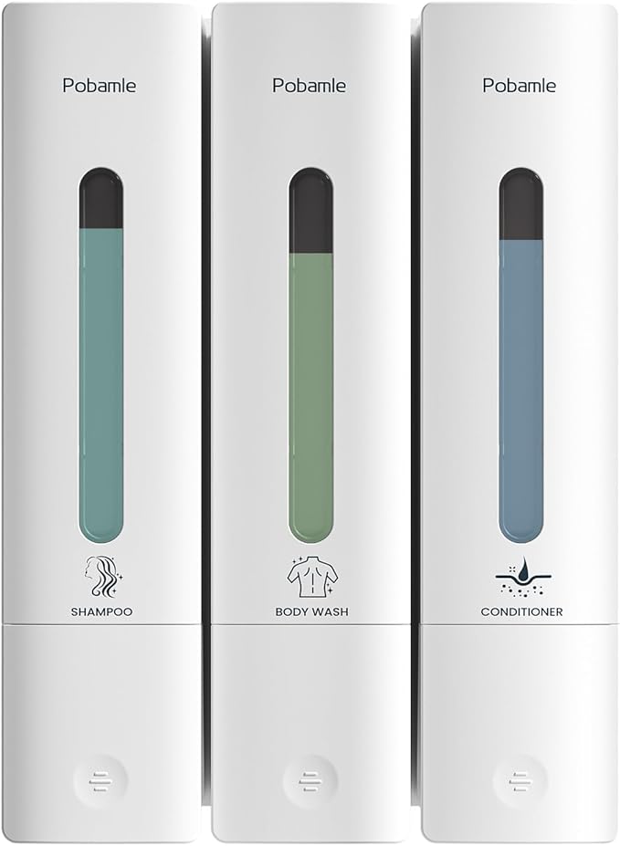 Shampoo and Conditioner Dispenser - Shower Soap Dispenser Wall Mounted No Drill - Shampoo Conditioner Body Wash Dispenser 3 Chamber - Easy Install for Bathroom Hotel White 1200ml