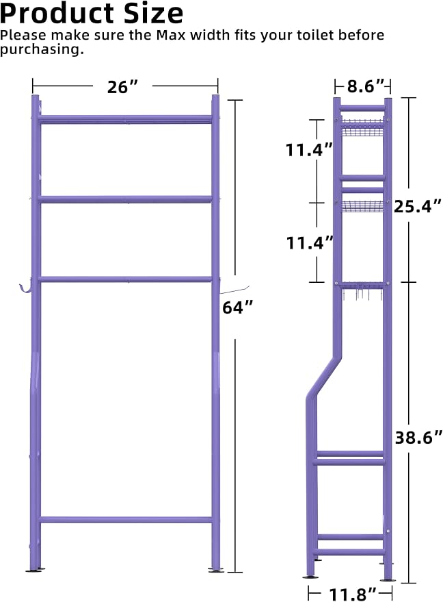 Livilord 3-Tier Over The Toilet Storage, Freestanding Metal Bathroom Shelves with 4 Hooks, Over Toilet Storage Shelf with Paper Holder, Above The Toilet Shelf for Bathroom Storage, Purple