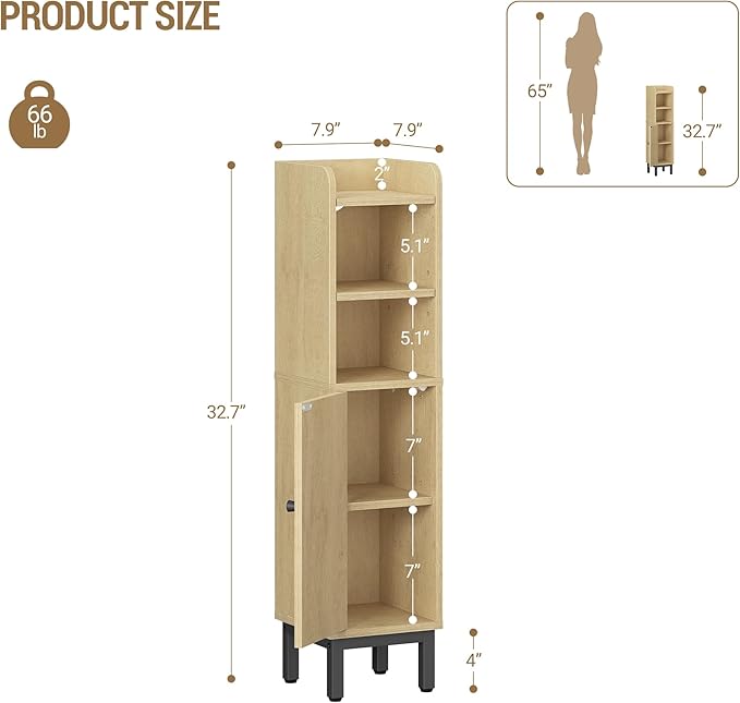 Hzuaneri Bathroom Storage Cabinet, Small Corner Floor Cabinet with Door and Shelves, Narrow Toilet Paper Holder, Bathroom Organizer with Adjustable Shelf, for Small Spaces, Yellow BC08202B