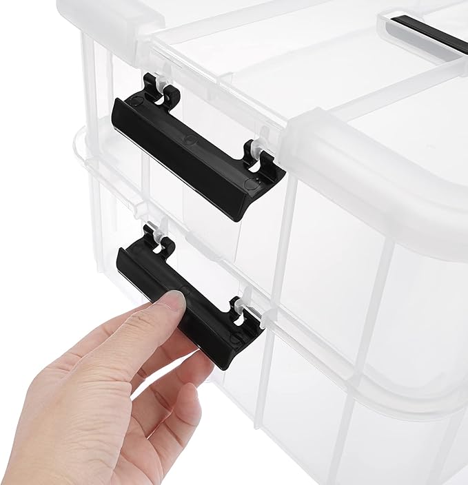 JUXYES 2-Tiers Stack Carry Storage Box With Handle, Transparent Stackable Storage Bin With Handle Lid Latching Storage Container for School & Office Supplies