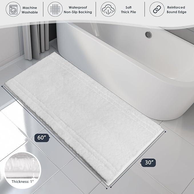PURRUGS Bathroom Rug Non-Slip Machine Washable 30" x 60", Super Absorbent and Quick Dry Shaggy Microfiber Bath Mat, Extra Soft and Plush Bath Rug for Bathtub, Shower, and Sink, White