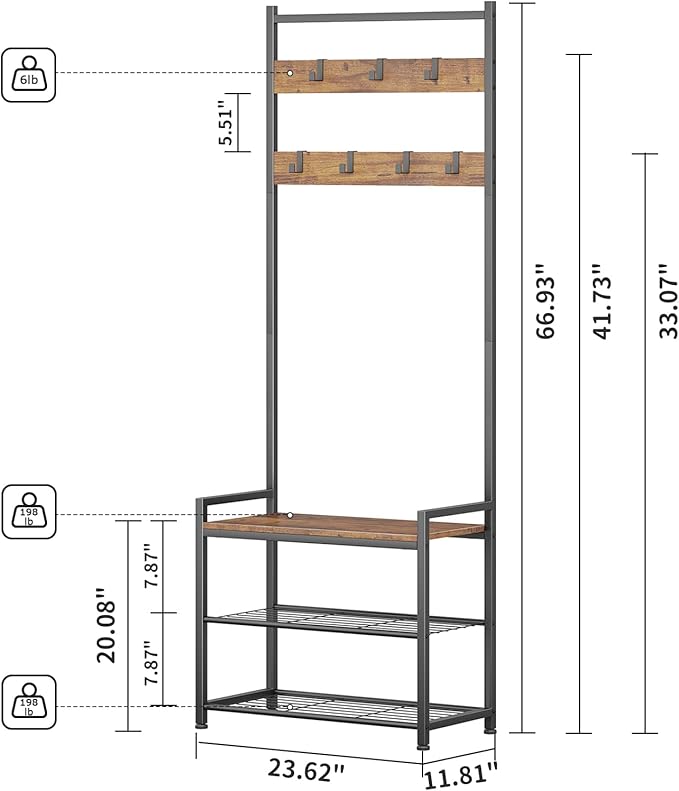 Coat Rack Hall Tree with Shoe Storage, Entryway Hall Tree Storage Bench, Wood Look Accent Furniture with Metal Frame, 3-in-1 Design, Rustic Brown