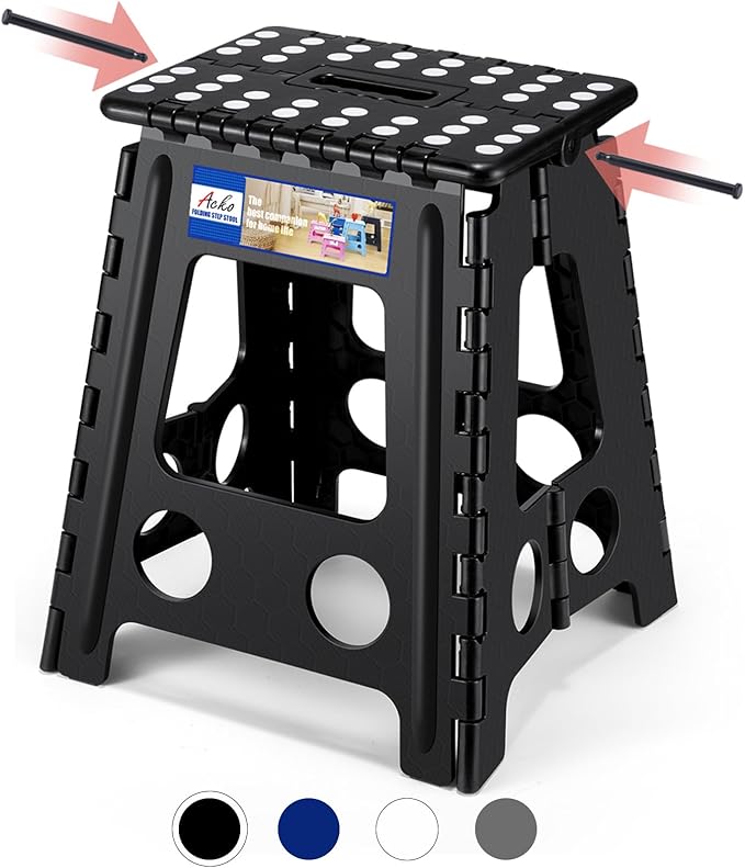 ACKO Folding Step Stool Foldable 16 Inch 400 lbs Capacity, Plastic Stools for Adults and Kids, Collapsible Stools for Kitchen, Stepping Stool with Handle, Black,1 PC